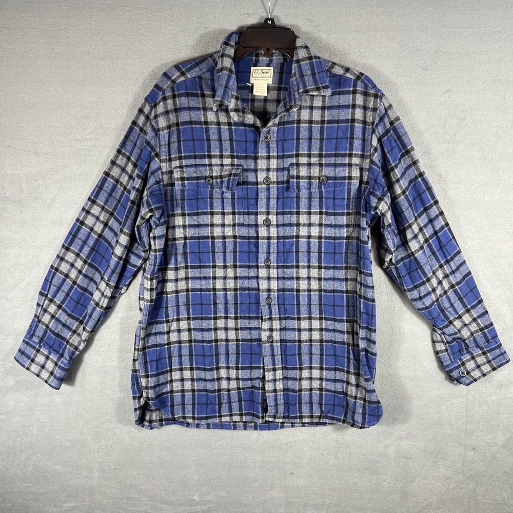 L.L.Bean‎ Men's M Medium Blue Gray Black Plaid Flannel Button Down Shirt Y2K